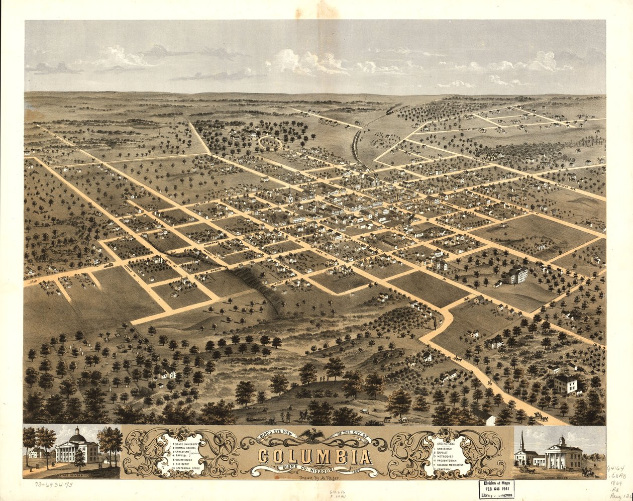 Vogelperspektive der Stadt Columbia, Boone Co., Missouri 1869 von A. Ruger