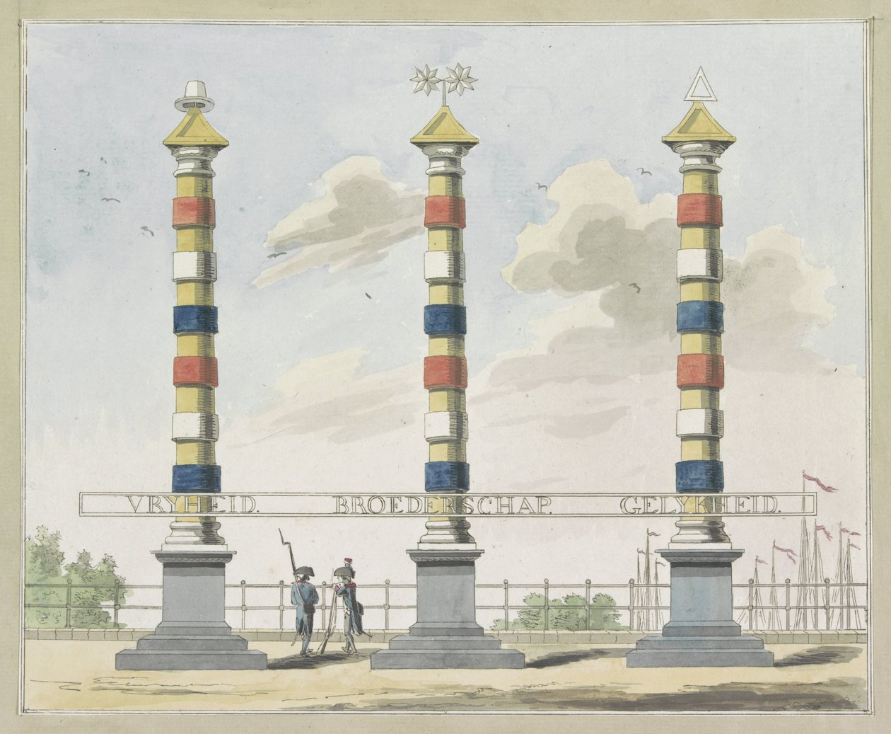 Freiheit, Brüderlichkeit und Gleichheit, Dekoration auf der Hogesluis, 1795 von A. Verkerk