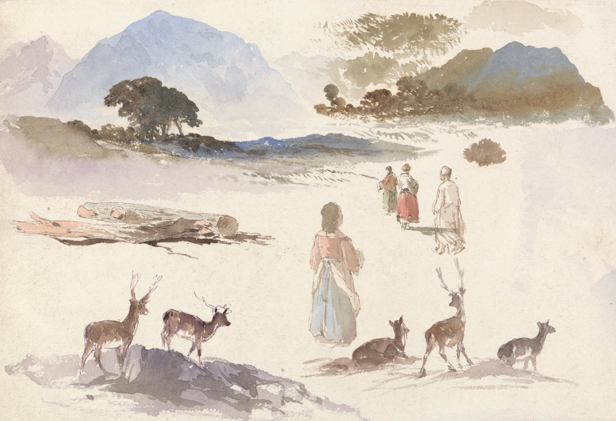 Blatt mit Studien von Hirschen, Figuren und Landschaft von Aaron Edwin Penley