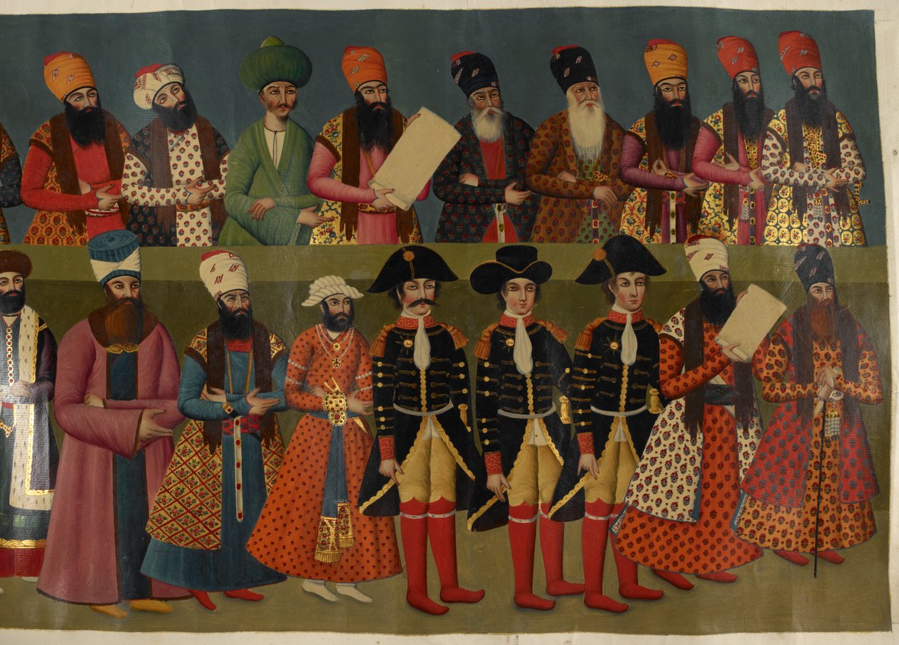 Add Or. 1241 Der Hof von Fath Ali Shah mit den britischen Gesandten Sir John Malcolm, Sir Harford Jones Brydges und Sir Gore Ouseley. Teilbild des Nigaristan-Palast-Wandgemäldes von Abdallah (after) Khan