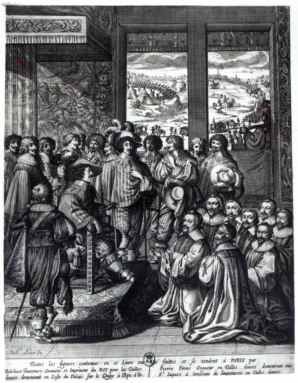 Ludwig XIII. (1601-43) zurück von der Belagerung von La Rochelle, beglückwünscht vom Prevot des Marchands von Abraham Bosse