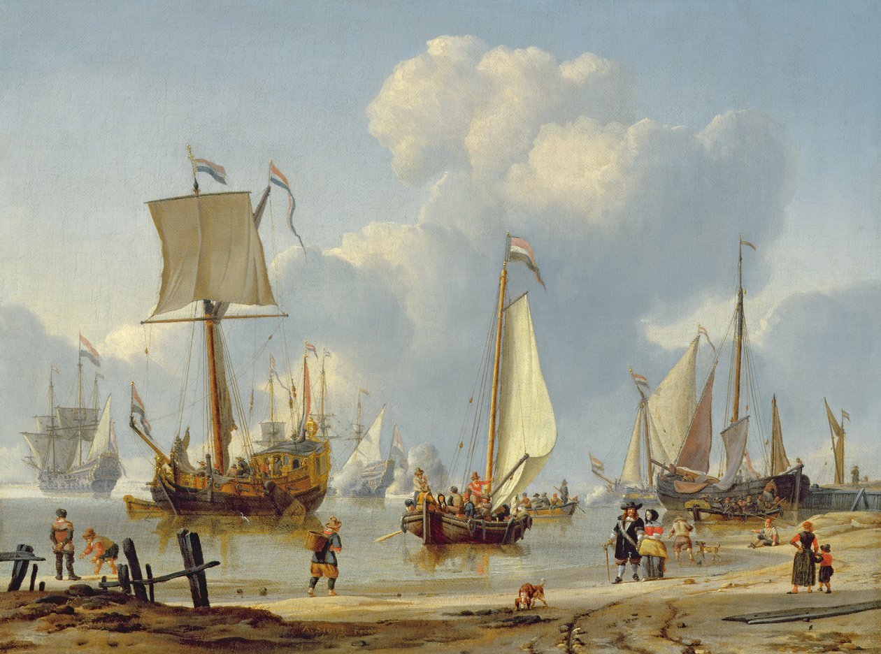 Schiffe in ruhigem Wasser mit Figuren am Ufer von Abraham Storck
