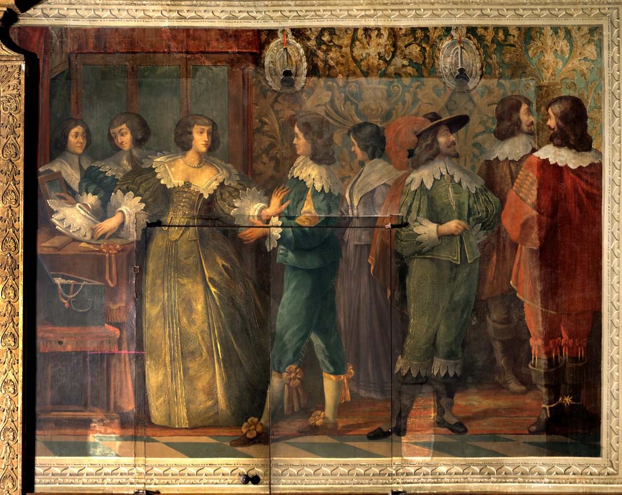 Szene aus dem Leben von Charles de Valois (1573-1650), Herzog von Angouleme - Party-Szene anlässlich der Hochzeit von Charles de Valois mit seiner zweiten Frau im Jahr 1644 - Eine Frau, von einem Höfling angesprochen, zögert, ihr Halsband anzulegen - Fresk von Abraham (after) Bosse