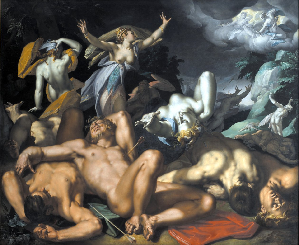Apollo und Diana bestrafen Niobe, indem sie ihre Kinder töten von Abraham Bloemaert