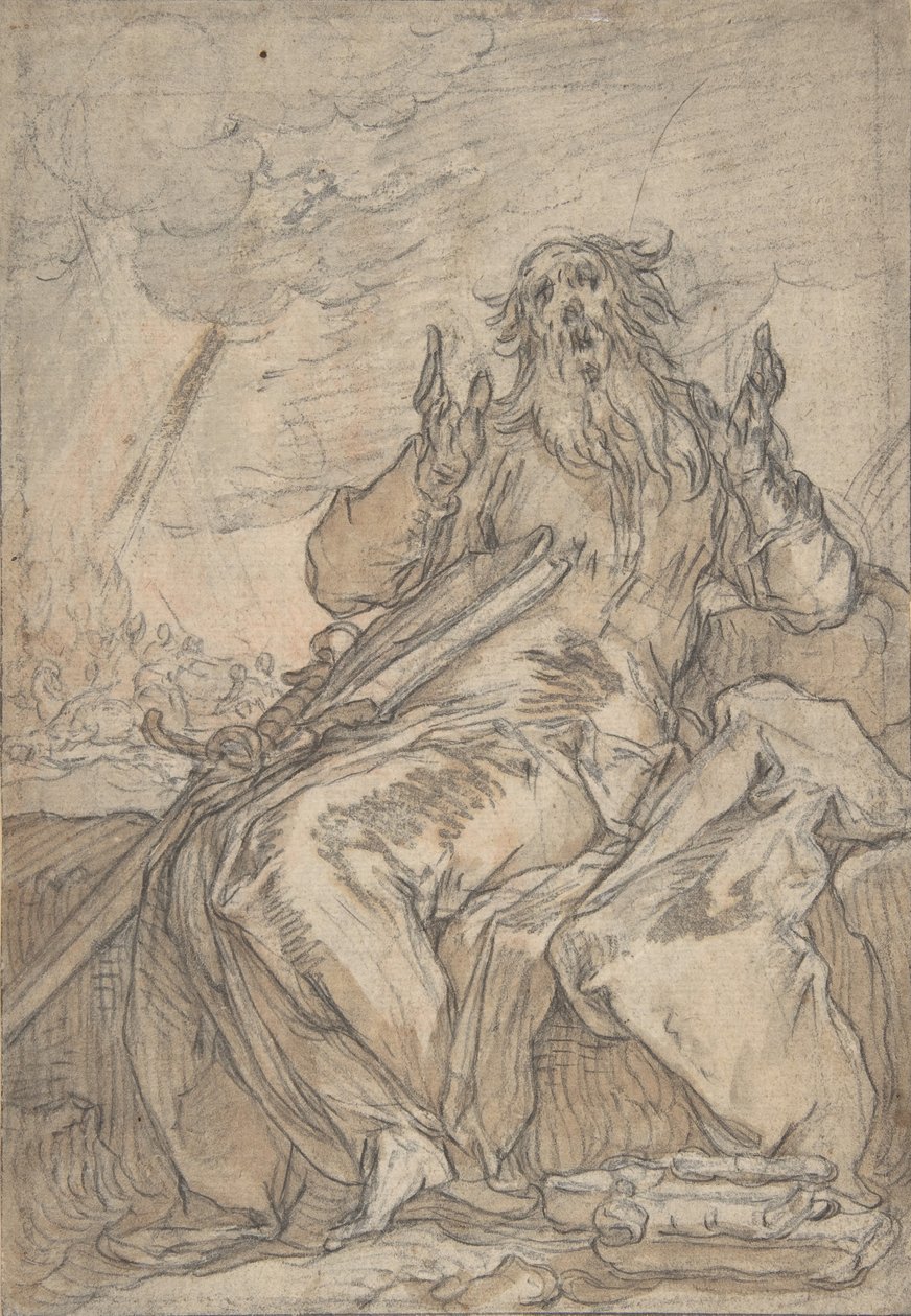 Heiliger Paulus sitzend, mit seiner Bekehrung im Hintergrund, spätes 16. bis mittleres 17. Jahrhundert von Abraham Bloemaert