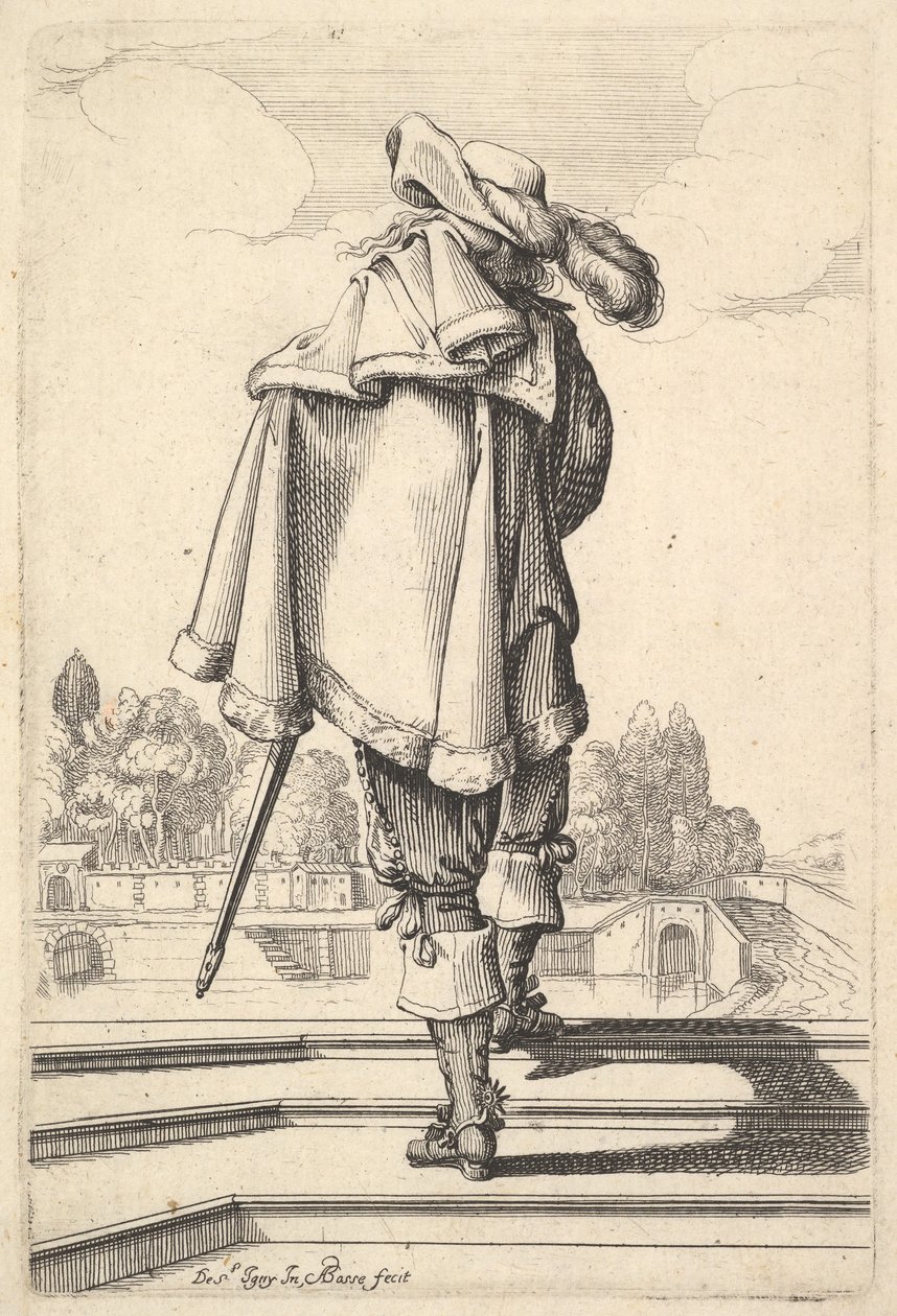 Ein Herr, von hinten gesehen, geht eine Brüstung hinauf, mit einem Umhang über der linken Schulter..., 1629 von Abraham Bosse