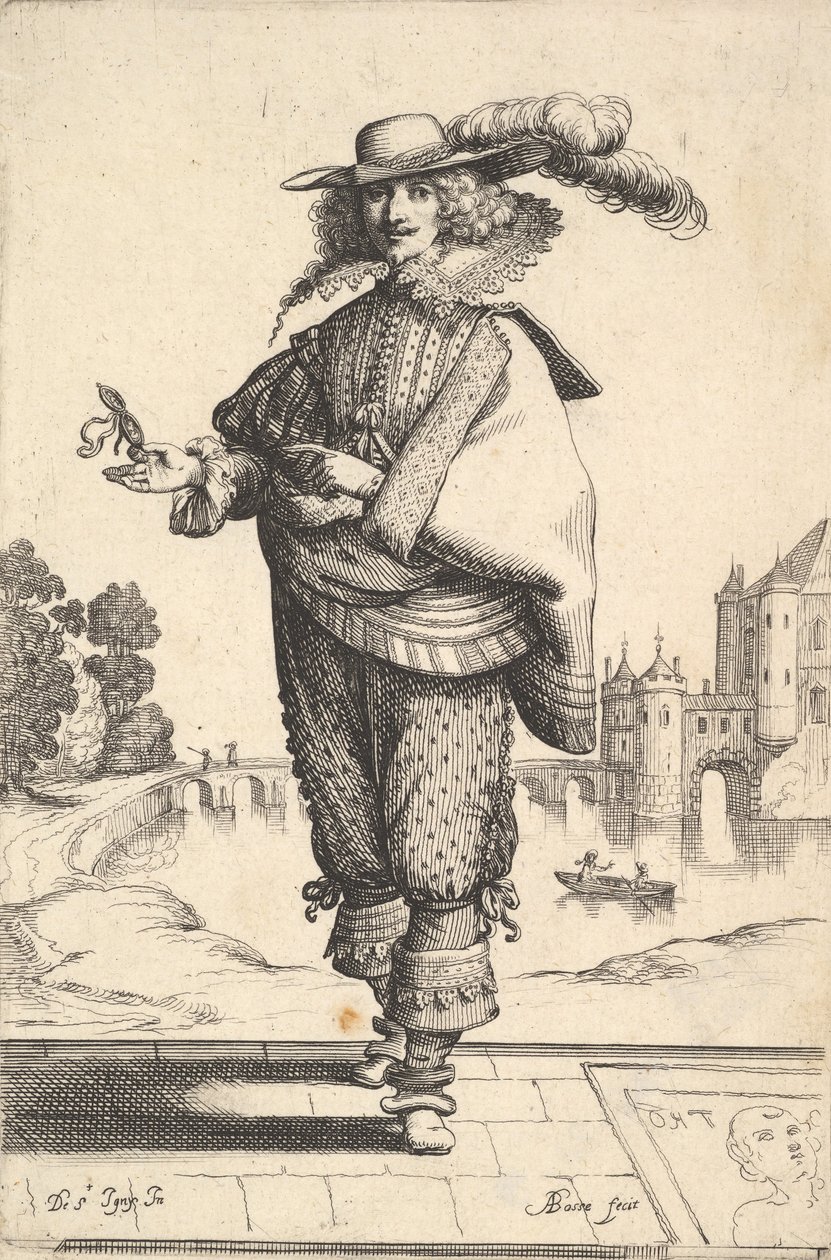 Ein Herr vor einer großen Burg mit Federhut und Spitzenkragen von Abraham Bosse