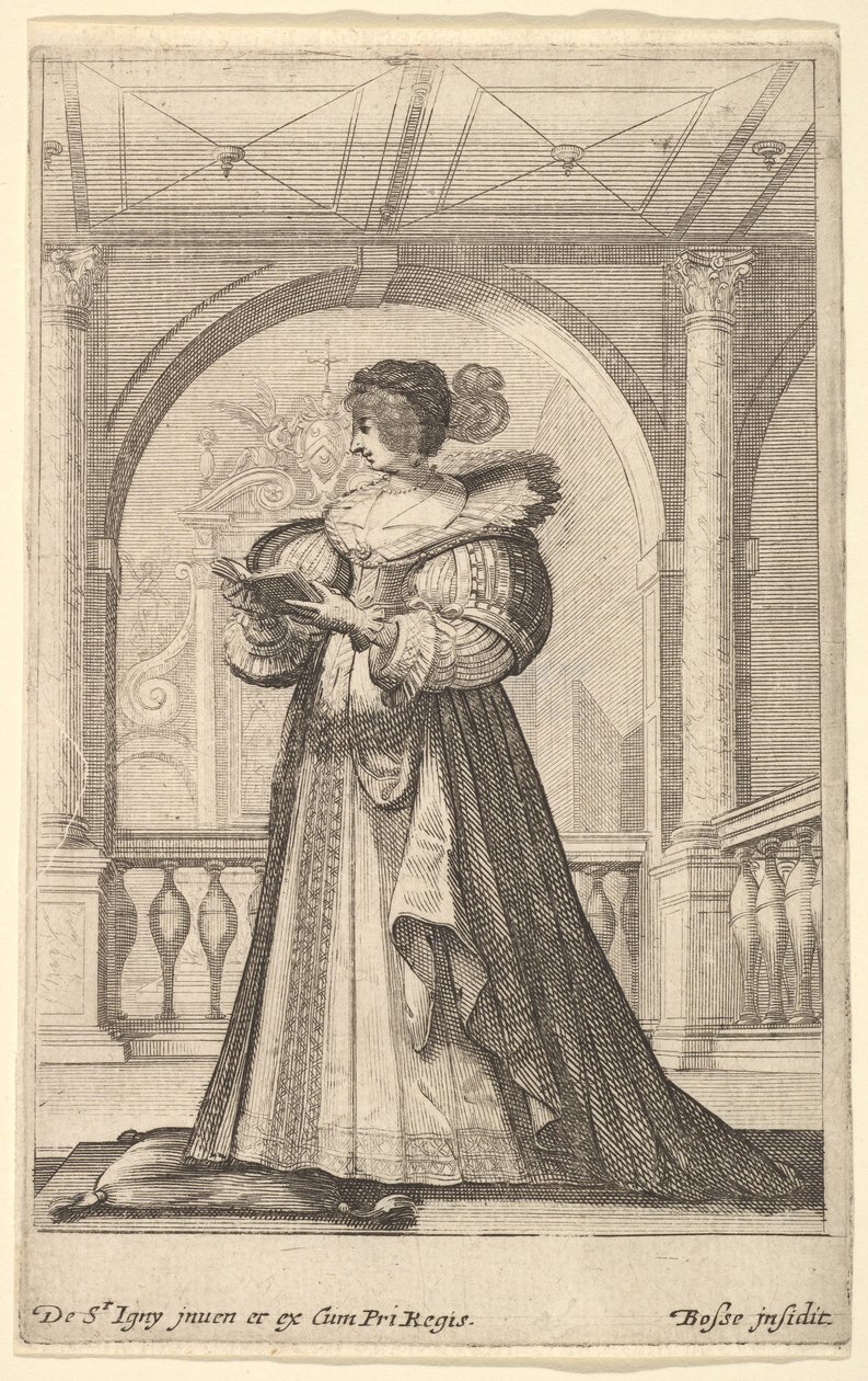 Eine Frau steht, nach links im Profil, trägt einen Hut und einen Spitzenkragen, liest..., ca. 1629 von Abraham Bosse