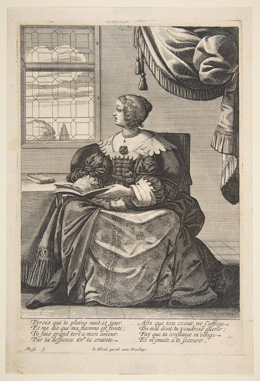 Sitzende Frau, die ein Buch hält und singt, Mitte bis Ende des 17. Jahrhunderts von Abraham Bosse