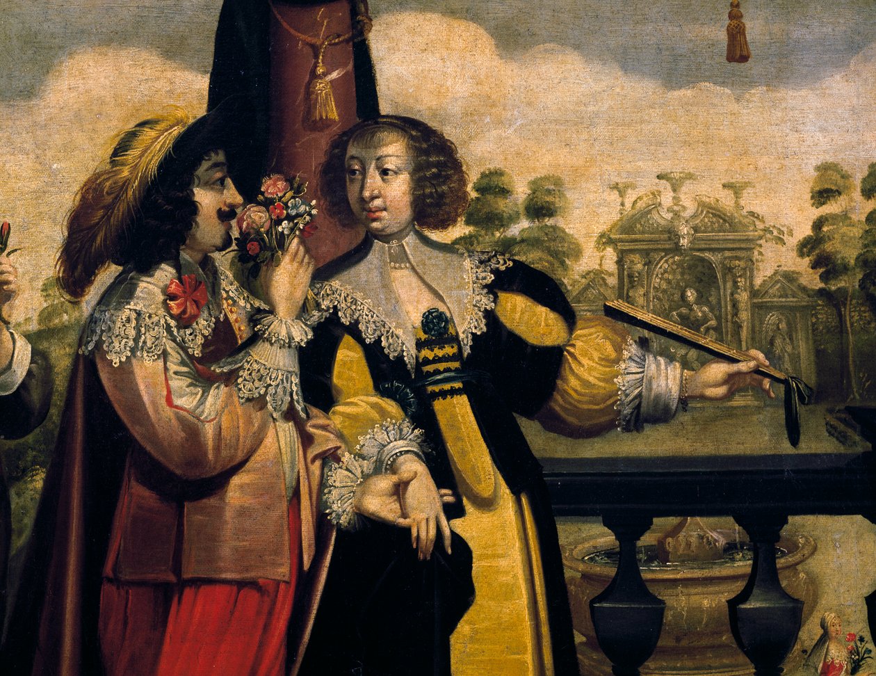 Der Geruchssinn, ca. 1635, von Abraham Bosse (1604-1676), nach einem Gemälde aus einer Serie von 5 von unbekanntem Künstler, Detail, Frankreich von Abraham Bosse