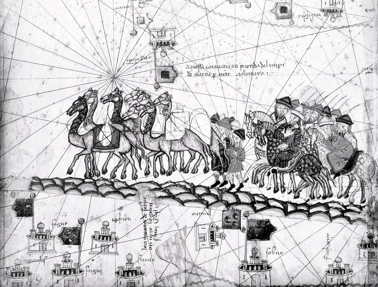 Ms Esp 20 Tafel 4, Kaufleute reisen nach Cathay, China, in den Fußstapfen von Marco Polo, Detail zeigt die Familie von Marco Polo, die mit einer Kamelkarawane reist, aus dem Katalanischen Atlas veröffentlicht für Charl von Abraham Cresques