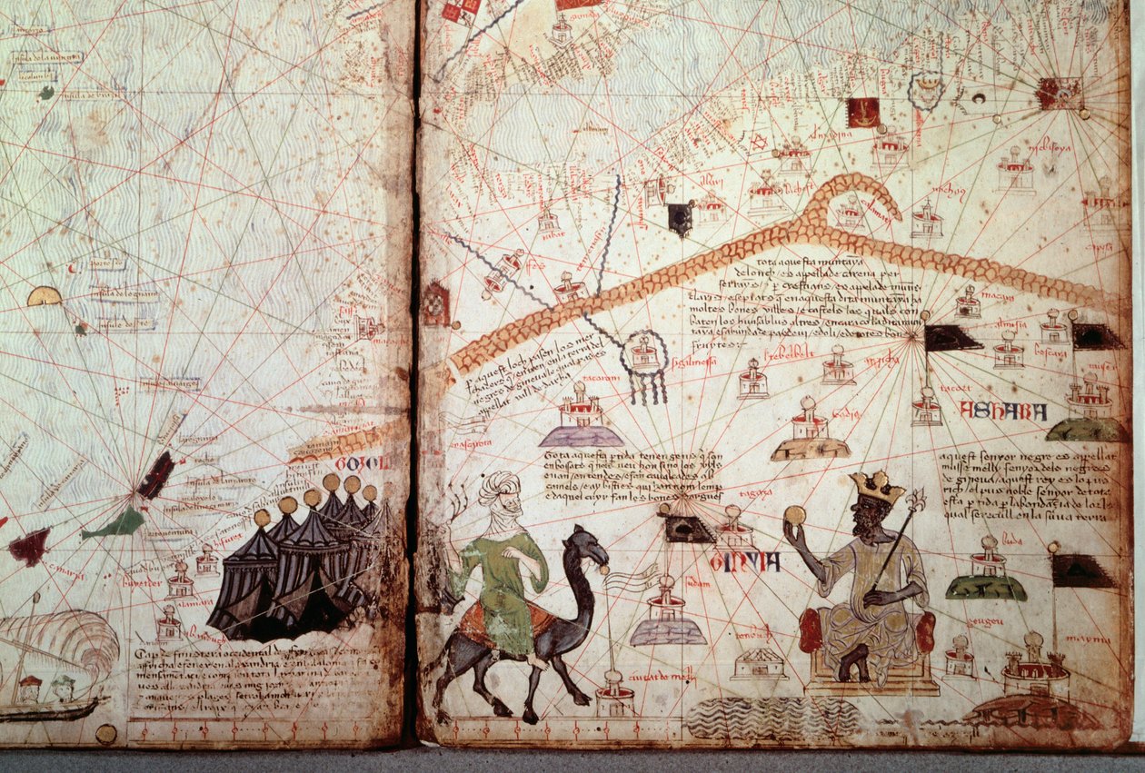 Die Meerenge von Gibraltar und Nordafrika markiert die Flaggen der Mauren, rechts der König von Mali Kanga Moussa (Kankou Moussa, oder Kankan Moussa oder Mansa Moussa), zeigt den Goldenen Globus. Detail des Katalanischen Atlas (Katalanische Karte) illumini von Abraham Cresques