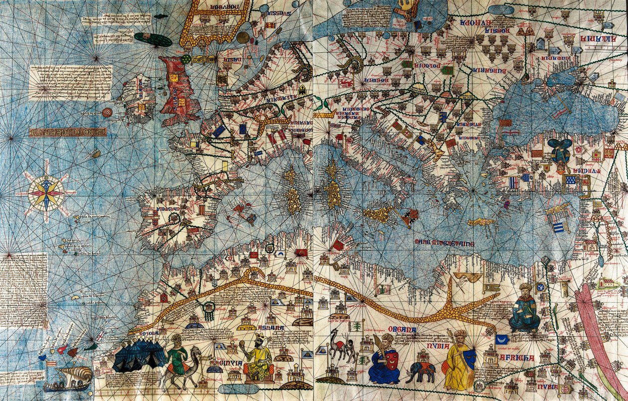 Katalanische Karte des europäischen Kontinents mit dem Atlantik und dem Mittelmeer von Abraham and Cresques Jehuda Cresques