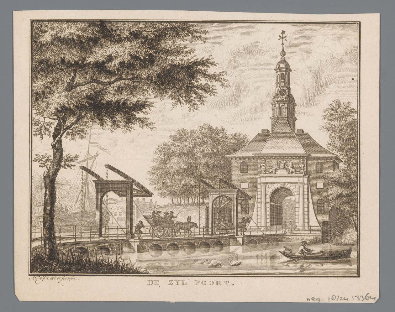 Ansicht des Zijlpoort in Leiden (De Zyl Poort, Titel auf Objekt) von Abraham Delfos