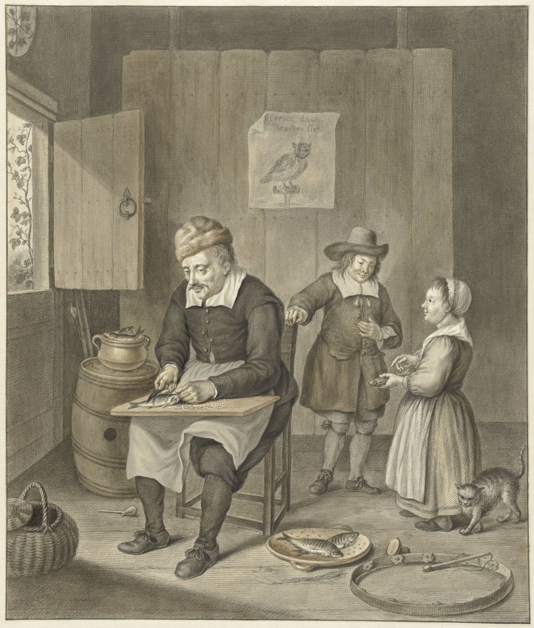 Interieur mit Mann, der Fische säubert, und zwei Kindern von Abraham Delfos