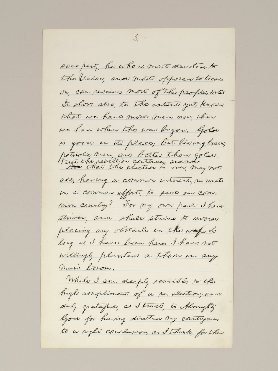 Autographes Manuskript von Lincolns Wahlsieg-Rede als Präsident, gehalten in Washington D.C., aus dem Fenster des Weißen Hauses am Abend des 10. November von Abraham Lincoln