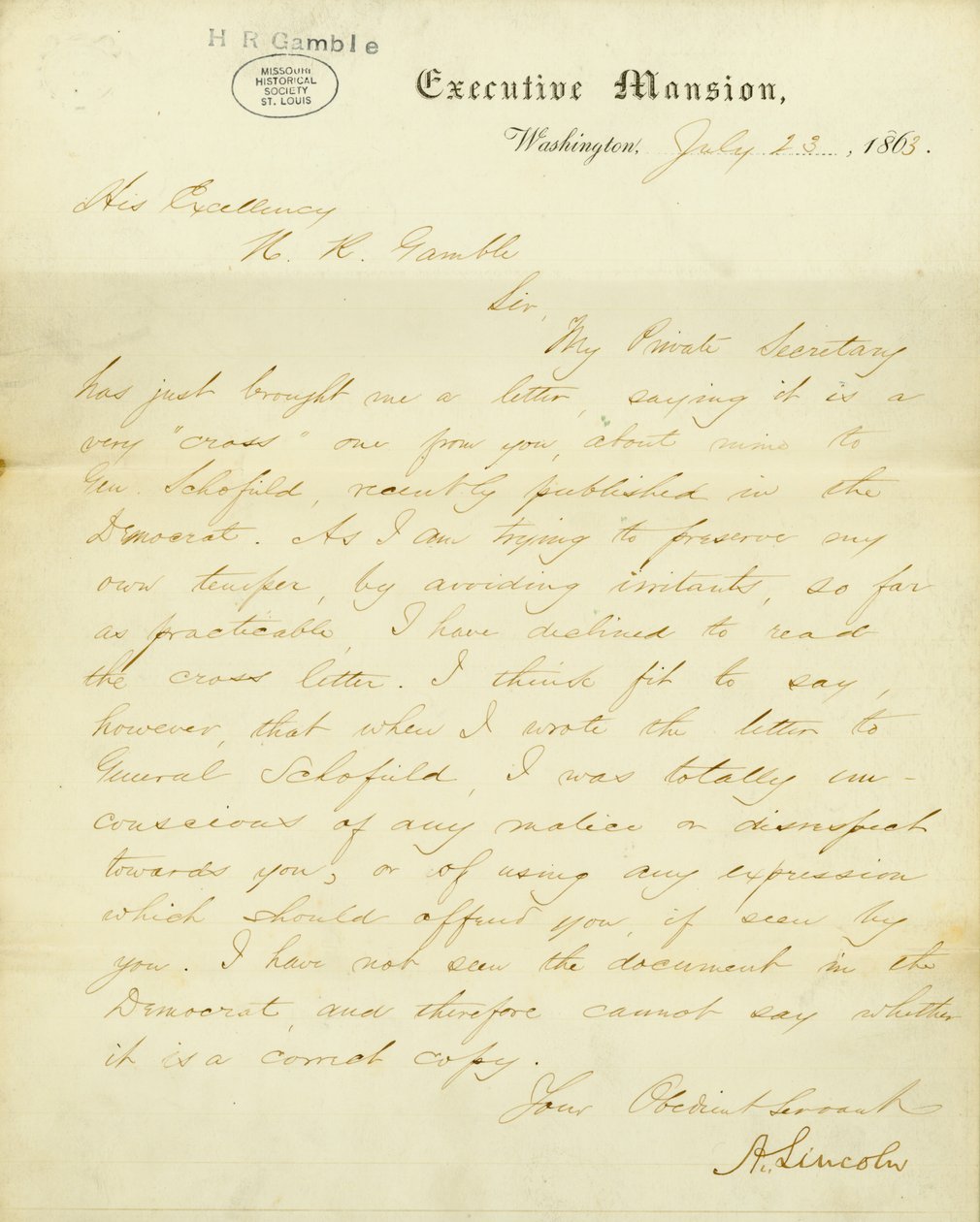 Brief unterschrieben A. Lincoln, Executive Mansion, Washington, an Seine Exzellenz, H.R. Gamble, 23. Juli 1863 von Abraham Lincoln