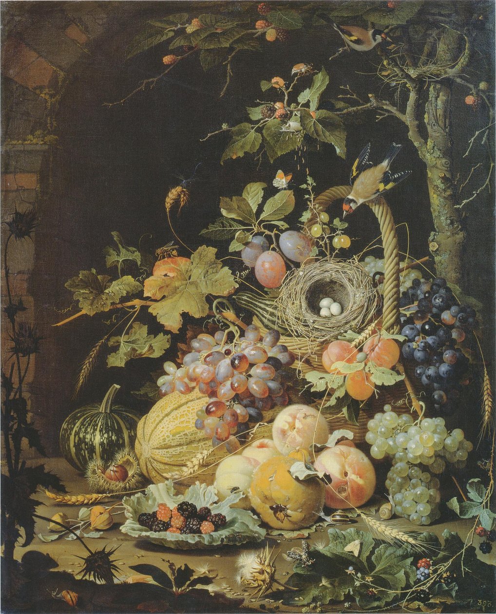 Ein Vogelnest im Fruchtkorb von Abraham Mignon