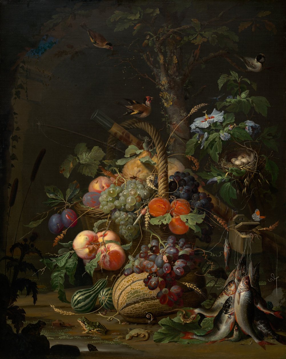 Stillleben mit Obst, Fisch und einem Nest, ca. 1675 von Abraham Mignon