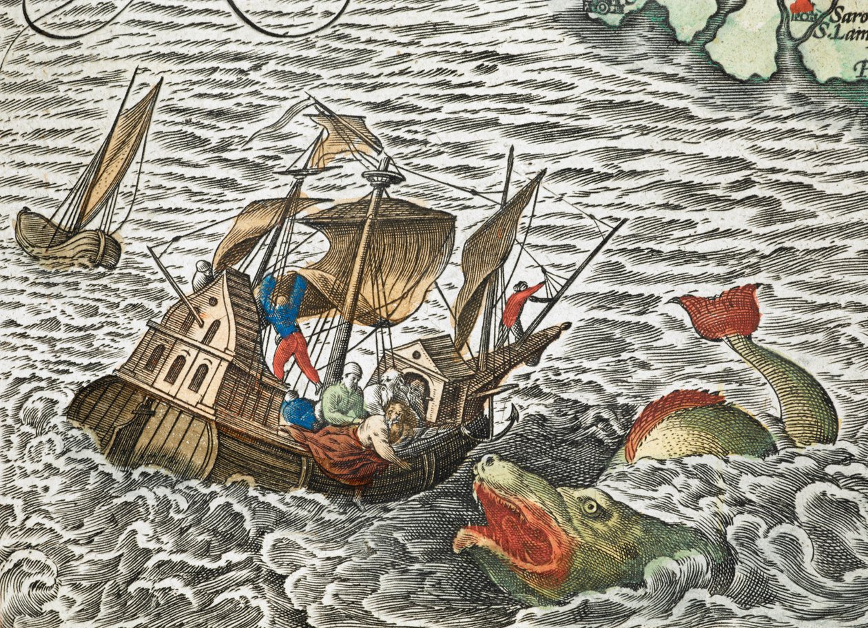 Ein Schiff wird von einem Seeungeheuer angegriffen aus Typus orbis terrarum, von Abraham Ortelius von Abraham Ortelius