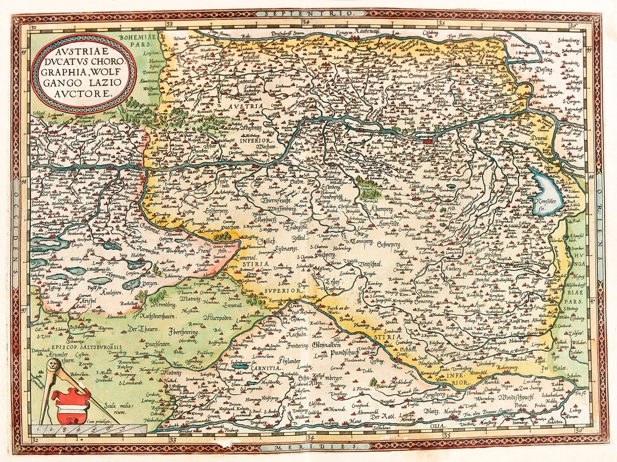 Austria Ducatus Chorographia Wolfgango Lazio Auctore Geographische Karte des Gebiets von Österreich mit der Donau und der Stadt Wien aus „Theatrum Orbis Terrarum“ von Abraham Ortelius (Oertel, Ortell oder Ortel) von Abraham Ortelius