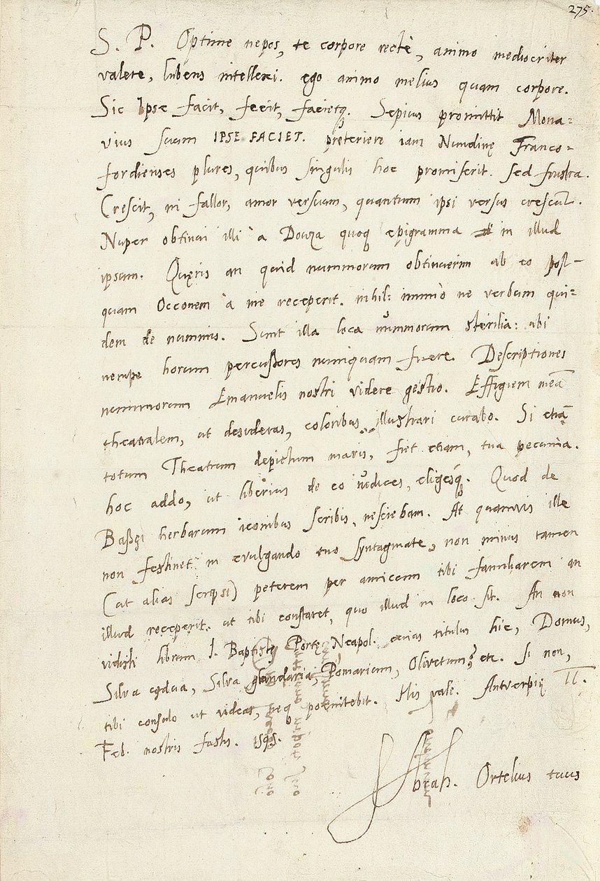 Autographierter Brief an seinen Neffen, Jacob Cool (Jacobus Colius), Antwerpen, 2. Februar 1595 von Abraham Ortelius