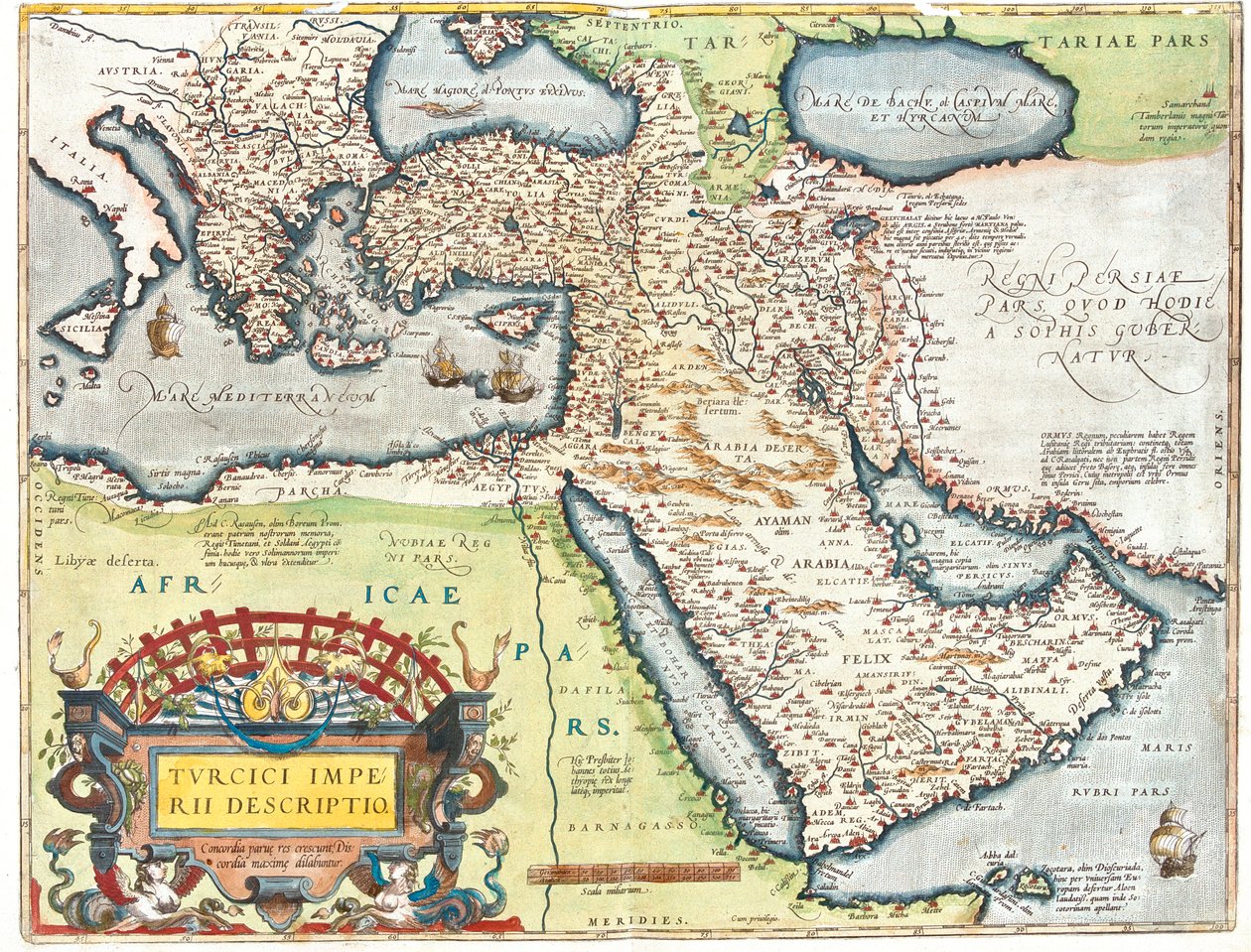 Kroatien, Rumänien, Bosnien und Herzegowina, Serbien, Bulgarien, Montenegro, Kosovo, Albanien, Mazedonien, Griechenland, Türkei, Südrussland, Georgien, Aserbaidschan, Armenien, Iran, Irak, Syrien, Libanon, Israel, Jordanien, Saudi-Arabien, Kuwait, Katar, B von Abraham Ortelius