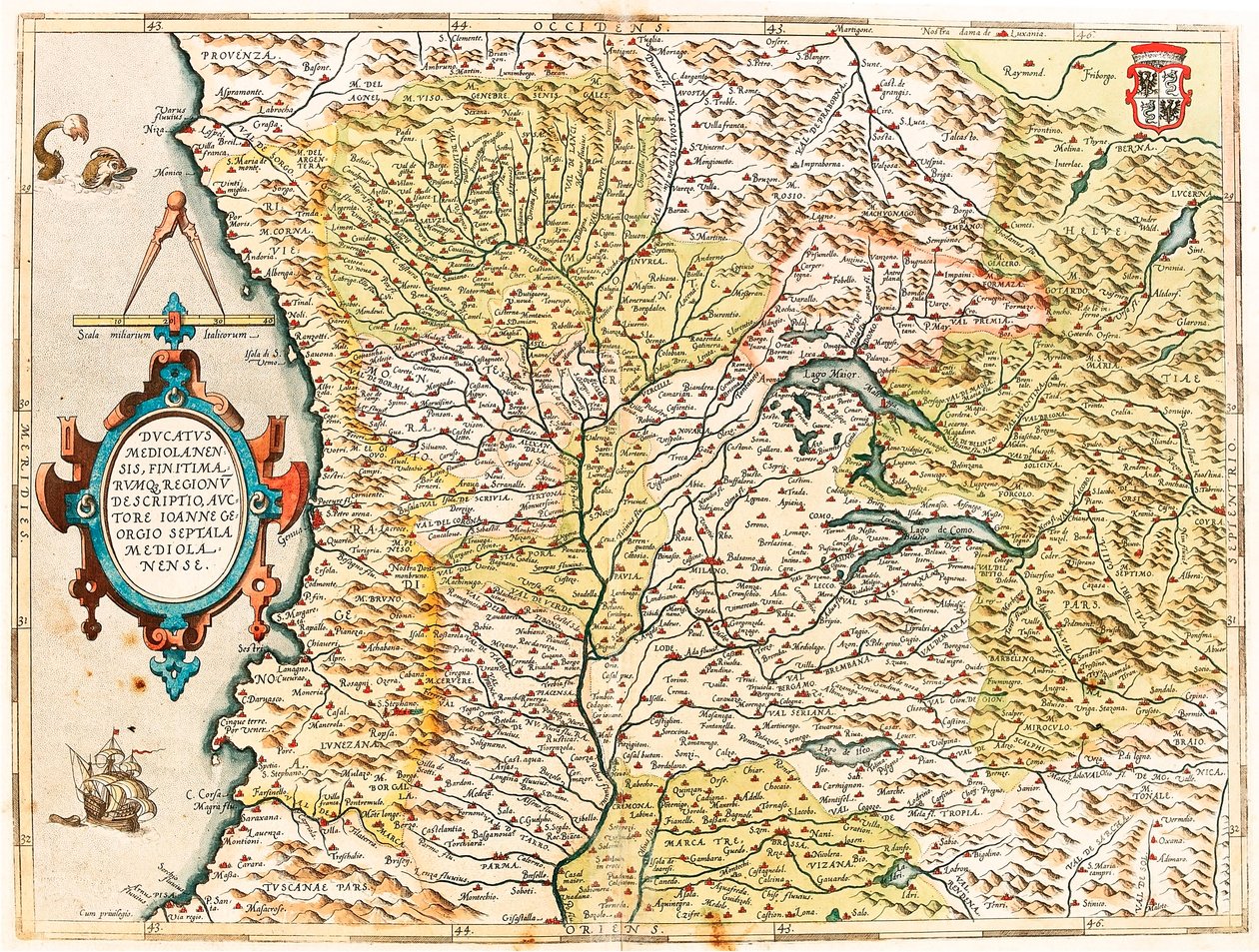 Ducatus Mediolanensis, Finitimarumq Regionu Descriptio Auctore Iooanne Georgio Septala Mediolanense Geographische Karte des Herzogtums Mailand aus „Theatrum Orbis Terrarum“ von Abraham Ortelius von Abraham Ortelius