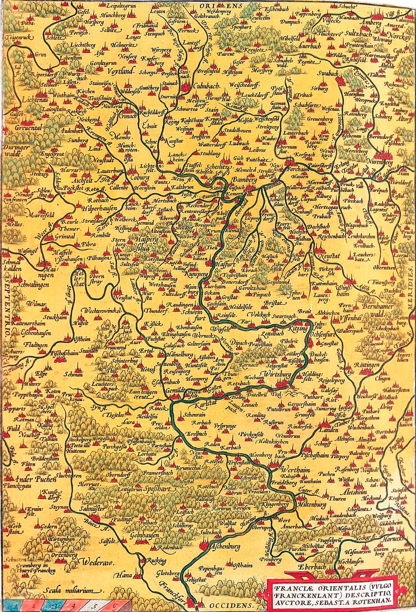 Franciae Orientalis (Vulgo/Franckenlant) Descriptio, Auctore, Sebast. A. Rotenhan Geographische Karte des Gebiets von Franken in Deutschland mit der Stadt Frankfurt (auch die Stadt Karlstadt..) aus „Theatrum Orbis Terrarum“ von Abraham Ortelius (Oer von Abraham Ortelius
