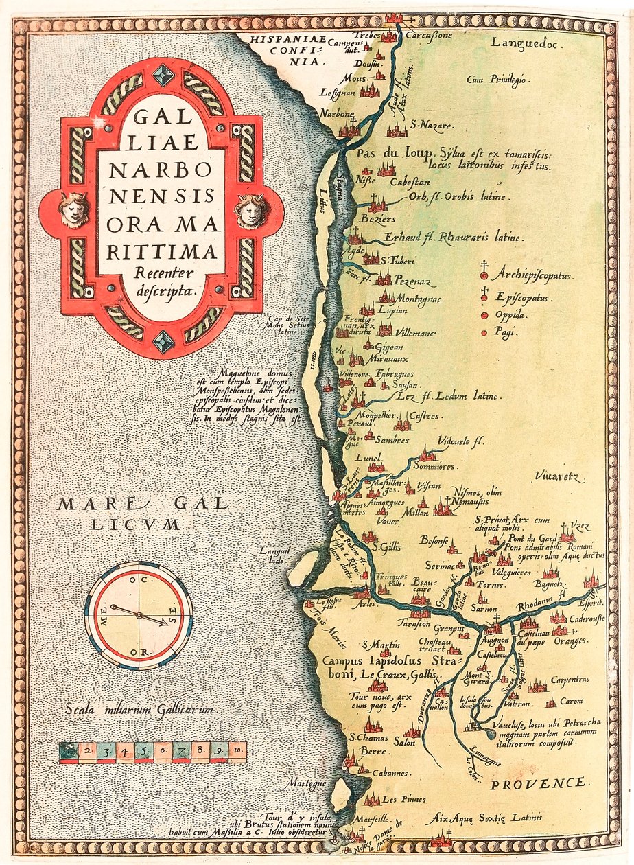 Galliae Narbonensis ora Marittima Recenter descripta Geographiekarte des Territoriums von Narbonne von der Stadt Narbonne bis Marseille über Beziers, Montpellier, Arles... aus „Theatrum Orbis Terrarum“ von Abraham Ortelius von Abraham Ortelius