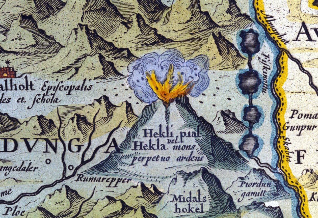 Hekla-Vulkan in Island. Atlas von Abraham Ortelius, Amsterdam 1588. von Abraham Ortelius