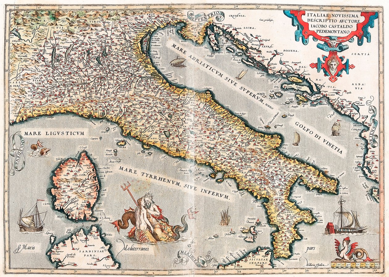 Italiae novissima descriptio auctore Iacobo Castaldo Pedemontano. Geographische Karte des Territoriums von Italien aus „Theatrum Orbis Terrarum“ von Abraham Ortelius von Abraham Ortelius