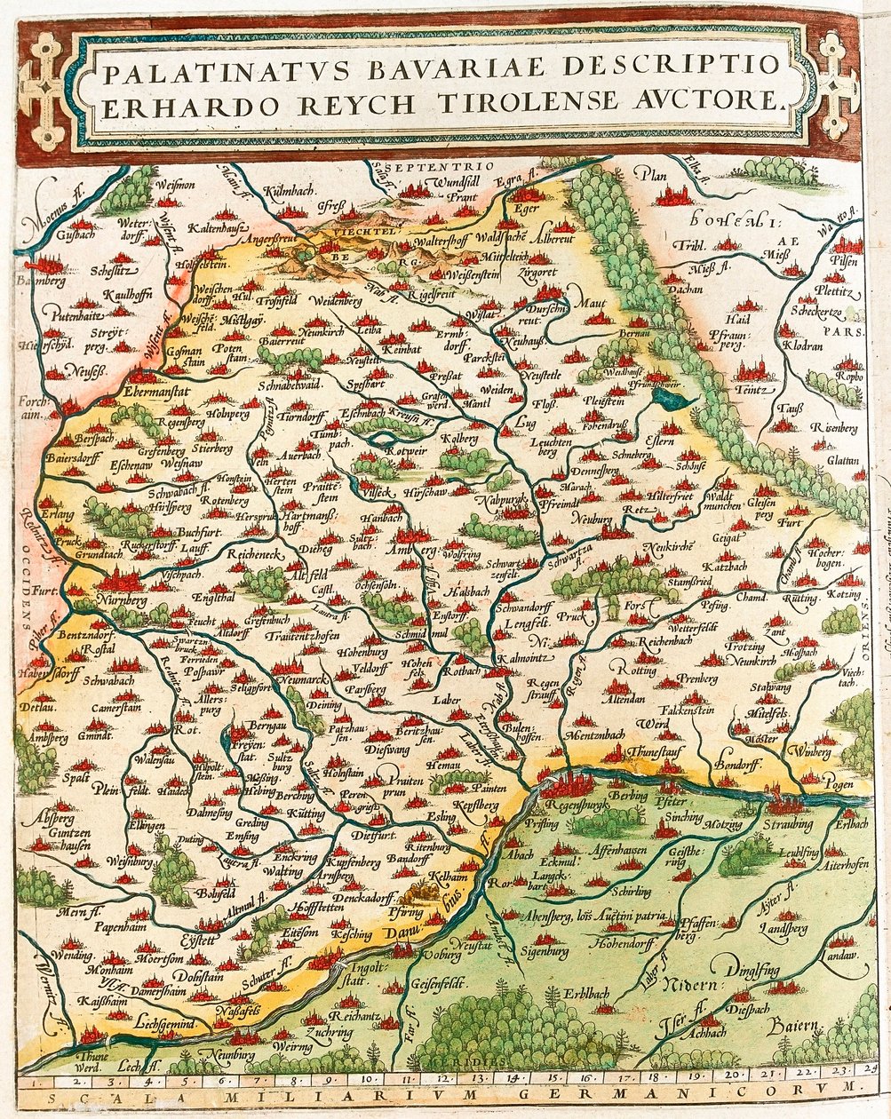 Palatinatus Bavariae descriptio Erhardo Reych Tirolense Auctore Geographiekarte des Territoriums von Bayern in Deutschland aus „Theatrum Orbis Terrarum“ von Abraham Ortelius von Abraham Ortelius