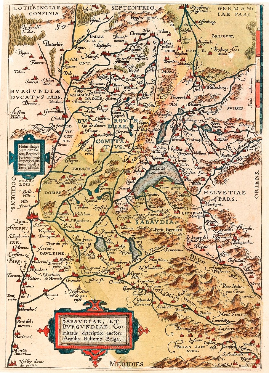 Sabaudia et Burgundiae Comitus description Geographische Karte des Territoriums von Burgund und Savoyen (Pontarlier, Dijon, Lac Leman und Schweiz) aus „Theatrum Orbis Terrarum“ von Abraham Ortelius (Oertel, Ortell oder Ortel) von Abraham Ortelius