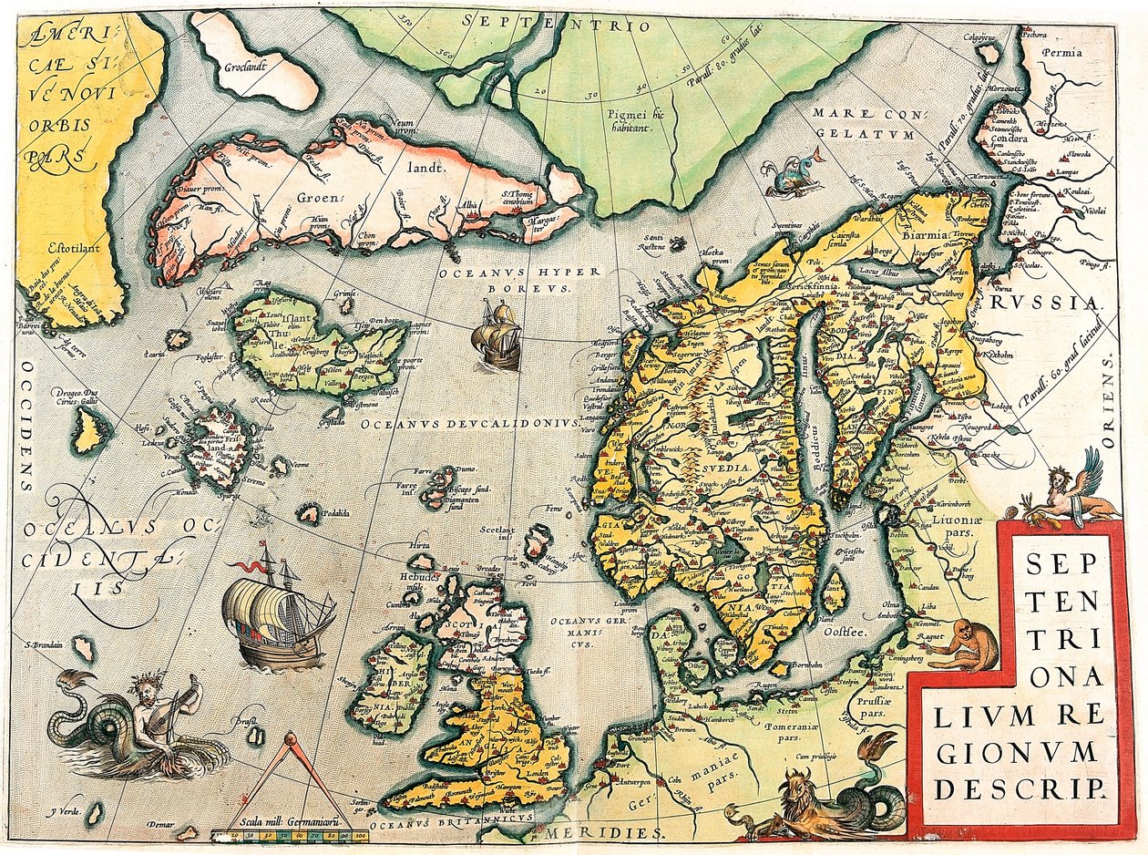 Septentrionalium Regionum Descrip. Geographiekarte von Skandinavien und Nordeuropa aus „Theatrum Orbis Terrarum“ von Abraham Ortelius von Abraham Ortelius