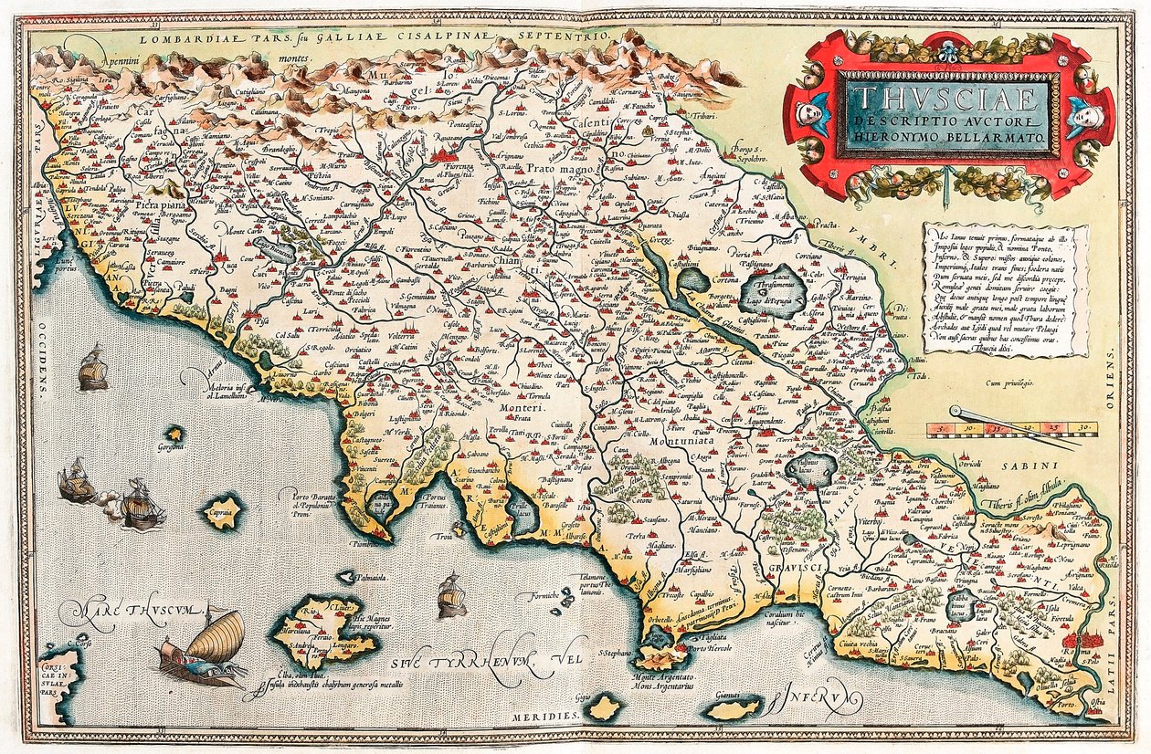 Thusciae. Descriptio auctore Hieronymo Bellamarto. Geographische Karte des Territoriums der Toskana in Italien aus „Theatrum Orbis Terrarum“ von Abraham Ortelius von Abraham Ortelius