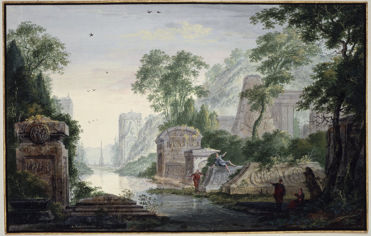 Alte Grabruinen in einer Flusslandschaft von Abraham Rademaker