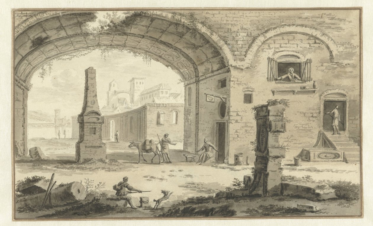 Fantasieansicht einer italienischen Stadt mit klassischen Bauwerken und Durchblick unter einem Bogen von Abraham Rademaker