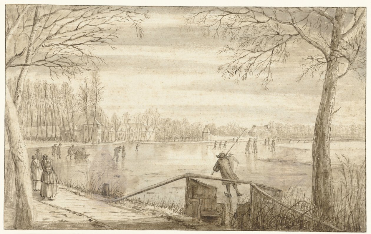 Schlittschuhläufer auf der Vecht, nahe Maarssen, mit den Anwesen von Daelwijck und Vechthoven in der Ferne von Abraham Rutgers