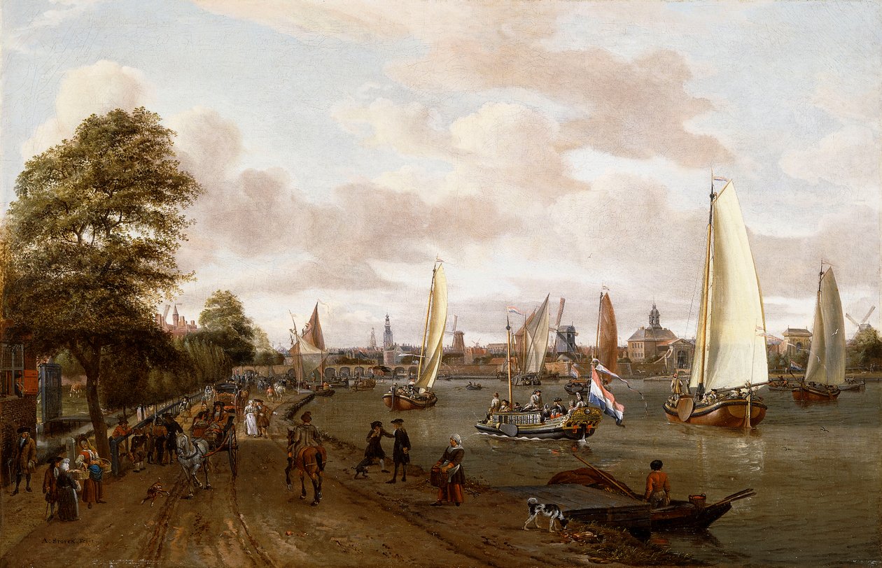 Eine Panoramaaussicht auf Amsterdam mit einer Barke und kleinen Schiffen auf dem Buiten-Amstel von Abraham Storck