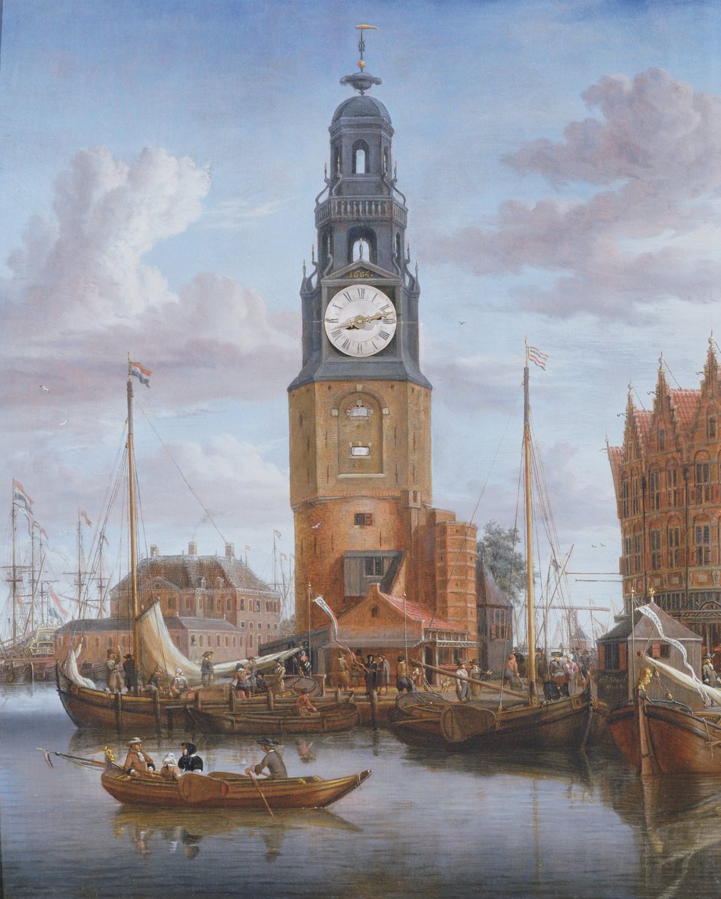 Ansicht des Haringspacker-Turms in Amsterdam, mit einer funktionierenden Uhr im Gemälde, 1684 von Abraham Storck