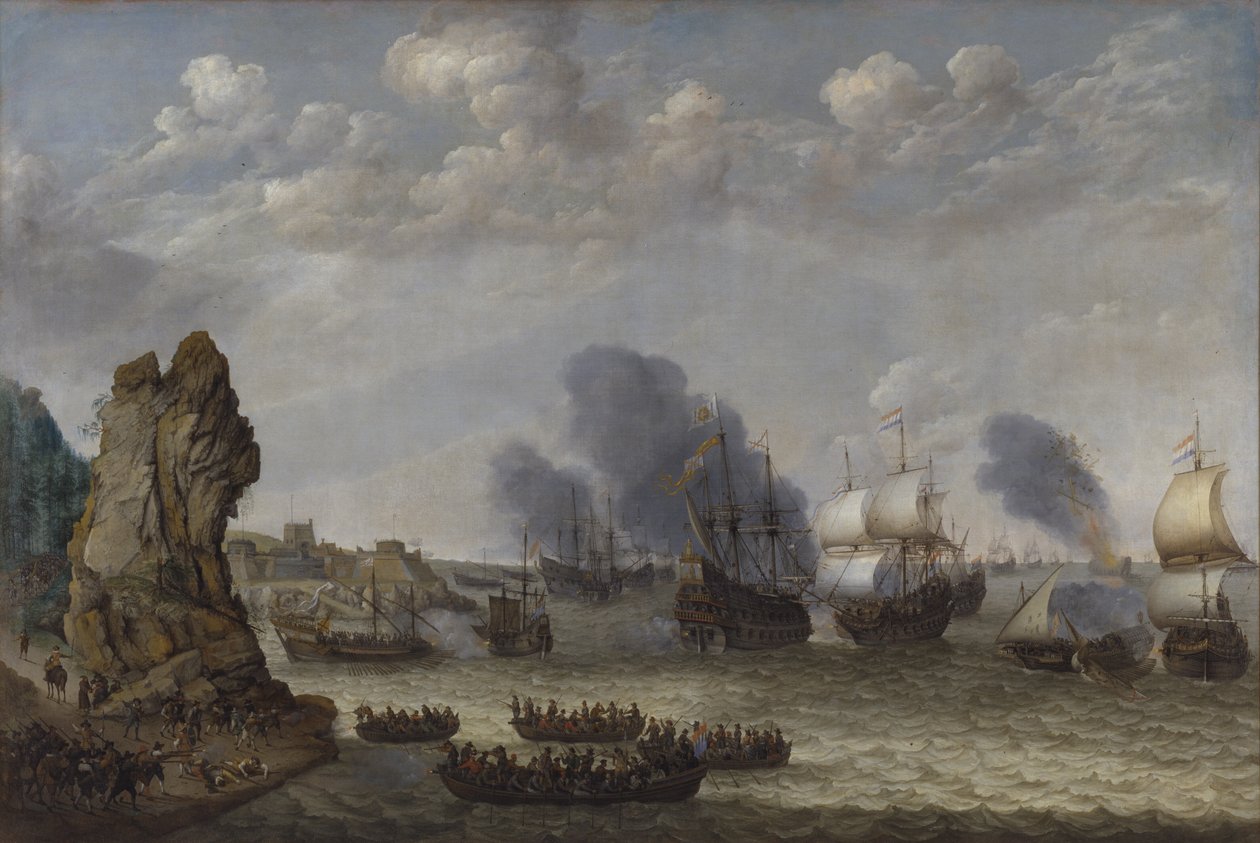 Eine Schlacht in der Nähe einer Küste zwischen Spaniern und landenden Niederländern von Abraham Willaerts