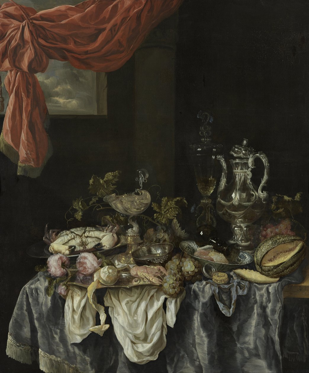 Prächtiges Stillleben mit Glas- und Silberwaren, Obst, Schalentieren und einer Uhr auf einem dunklen Tischtuch von Abraham van Beijeren