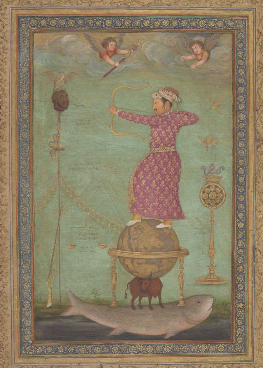Jahangir schießt auf den Kopf von Malik Ambar, frühes 17. Jahrhundert (deckende Aquarellfarbe, Tinte & Gold auf Papier) von Abu
