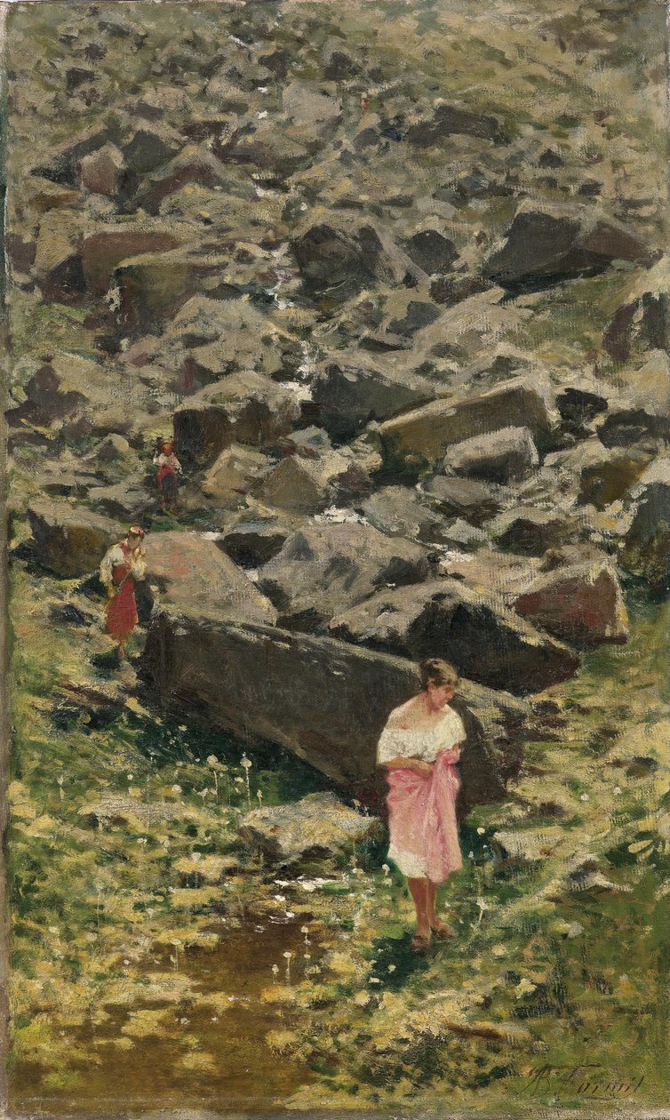 Felsige Landschaft mit jungen Frauen am Bachufer von Achille Formis Befani