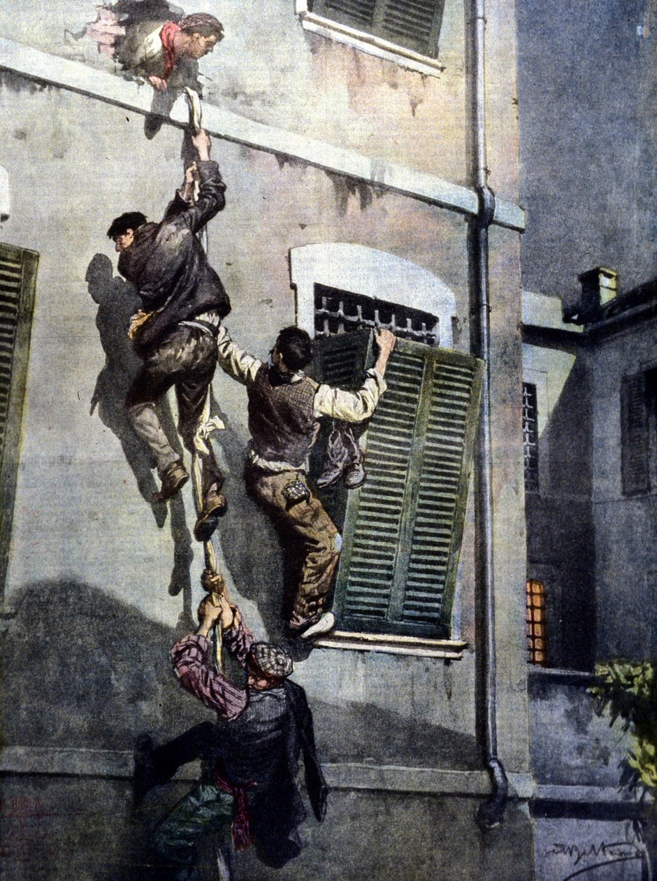 Eine gewagte Flucht von vier Insassen aus dem Gefängnis von Asti nach dem Durchbruch durch die Mauer. Zeichnung von Beltrame. La Domenica del Corriere. 1902. von Achille Beltrame