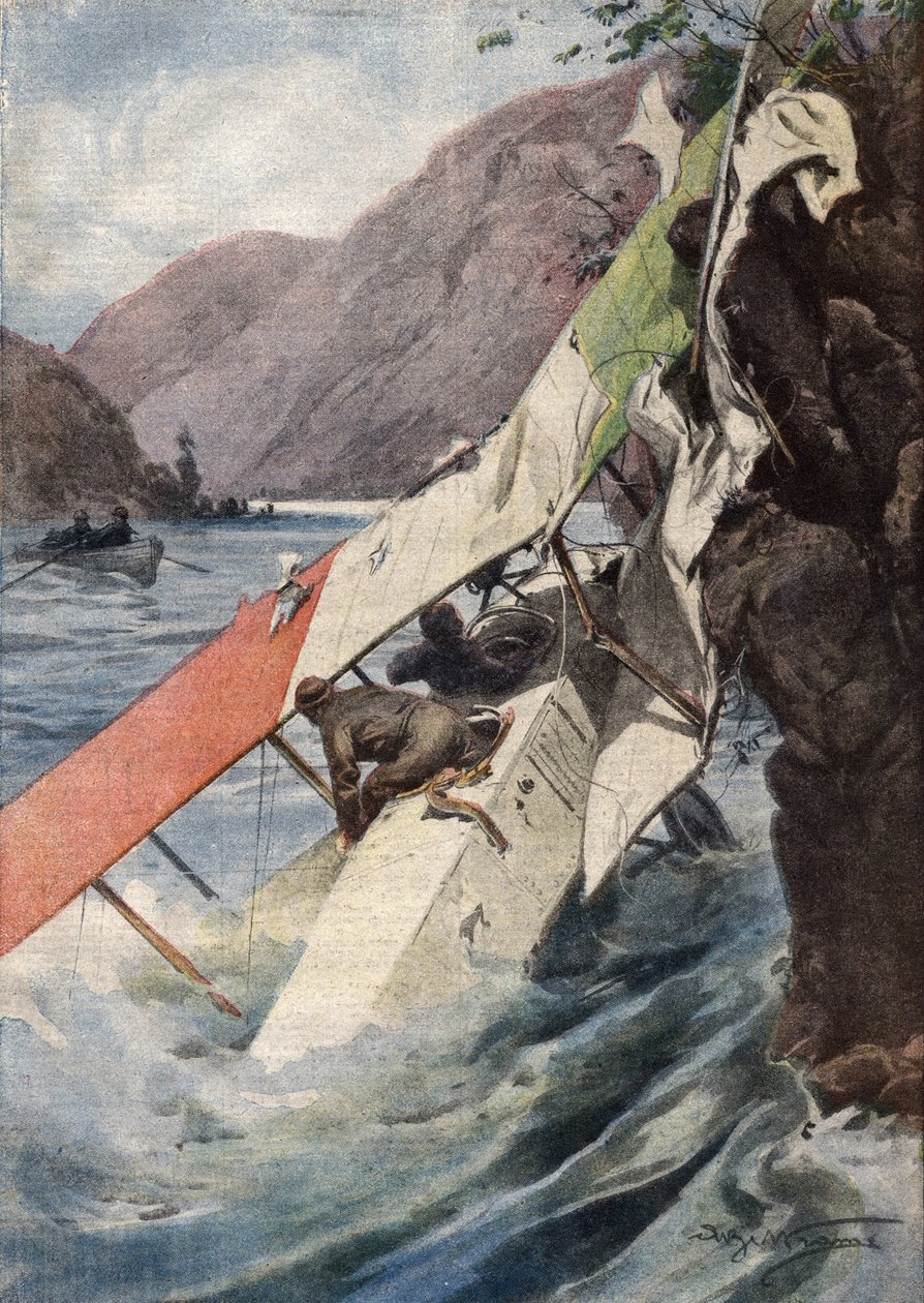 Ein dramatischer Aufklärungsflug: Nach einem Kampf, ohne Motor oder Propeller, schafften es zwei Flieger überraschenderweise, die italienischen Linien zu erreichen und stürzten in den Isonzo-Fluss. Ill. von Beltrame. La Domenica del Corriere. 10/1917 von Achille Beltrame