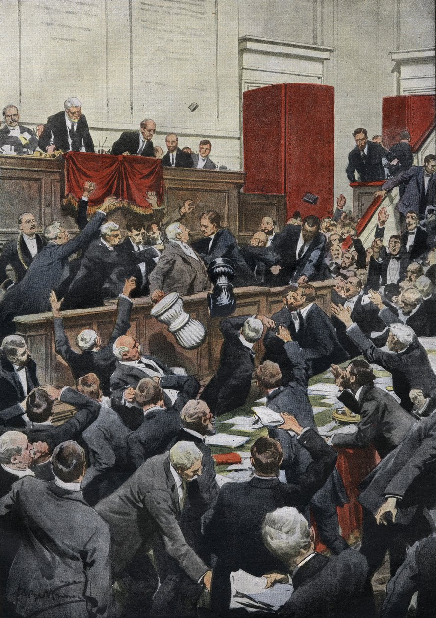 Eine stürmische Sitzung in der italienischen Abgeordnetenkammer während einer Haushaltsdebatte. Abgeordneter Chiesa unterbricht die Abstimmung, indem er die Wahlurne wirft. „La Domenica del Corriere“ von Achille Beltrame