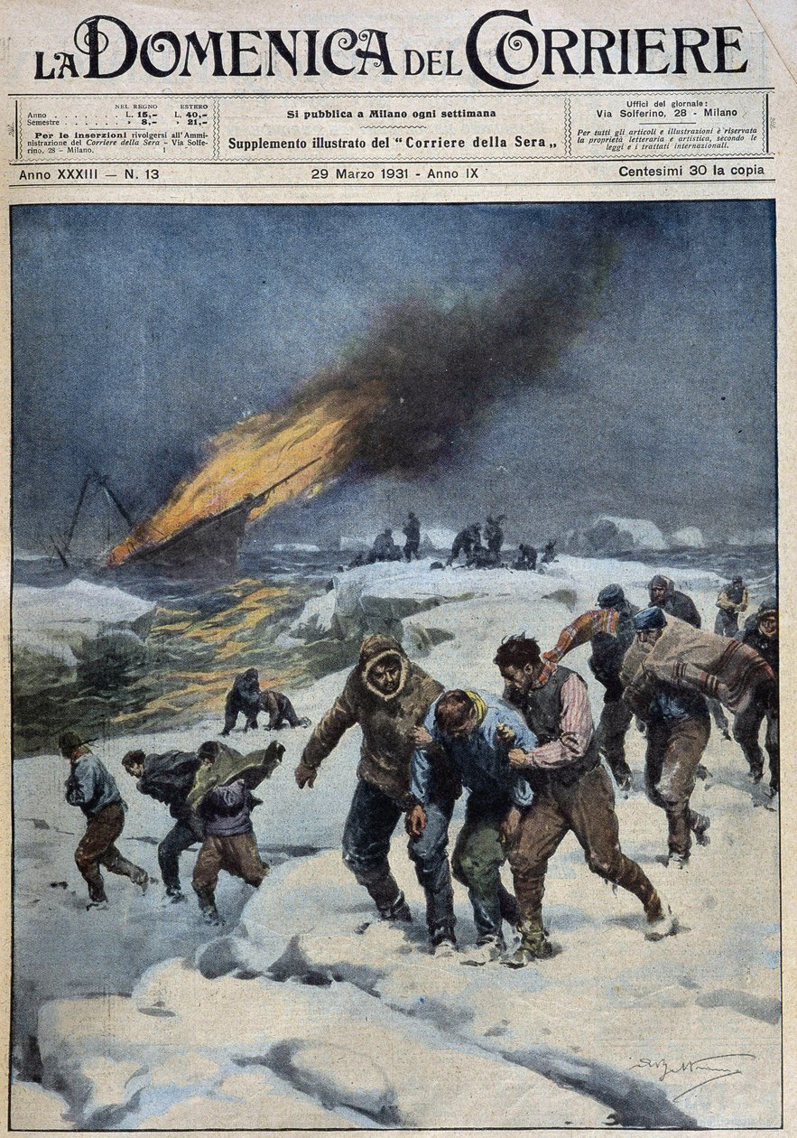 Nach der Explosion des Walfängers „Viking“, der tragische Marsch der Besatzung auf der Suche nach Rettung: Dieses Boot (im Hintergrund in Flammen) trug eine Filmexpedition - gezeichnet von A. Beltrame in „la Domenica del Corriere“ vom 29.03.1931 von Achille Beltrame