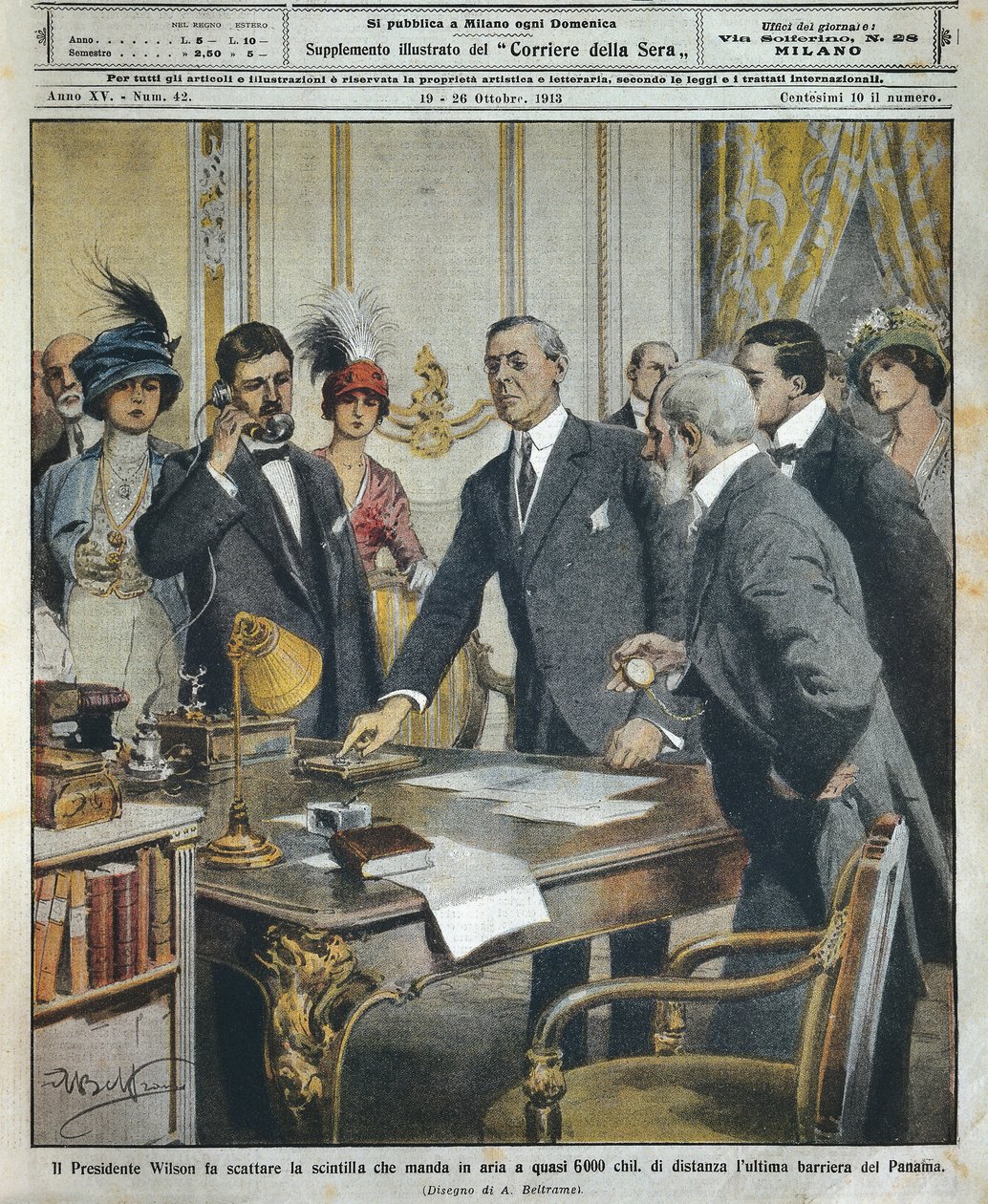 Amerikanischer Präsident Woodrow Wilson löst telegraphisch die Sprengung der letzten Barriere des Panamakanals aus, Illustration von Achille Beltrame von Achille Beltrame